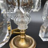 Antique, pair girandoles, candle holders, gilded brass, tassels, glass, drops, florets, 1 burner