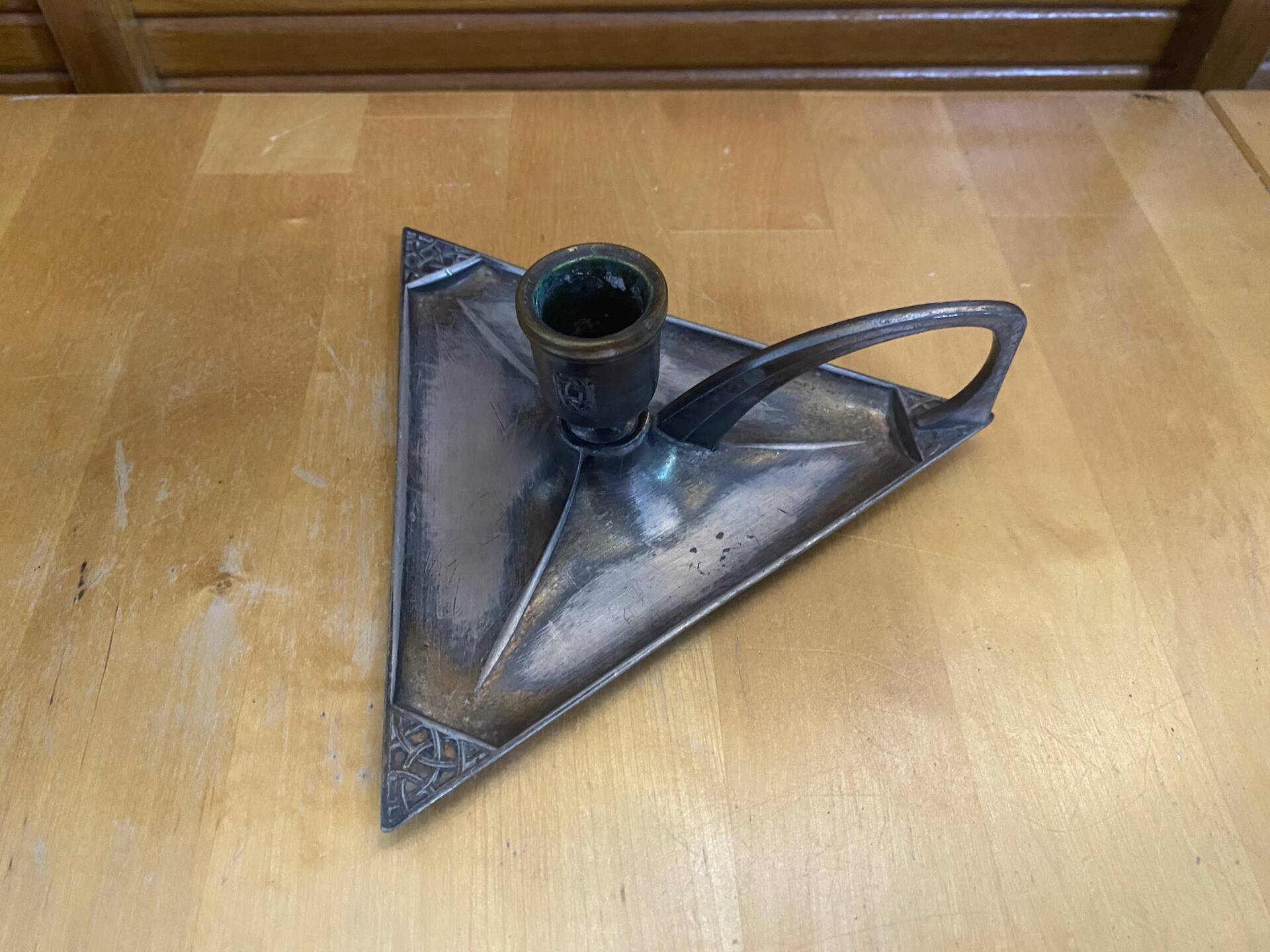 Handheld Candle Holder Art Nouveau Silver Metal Vintage Triangle