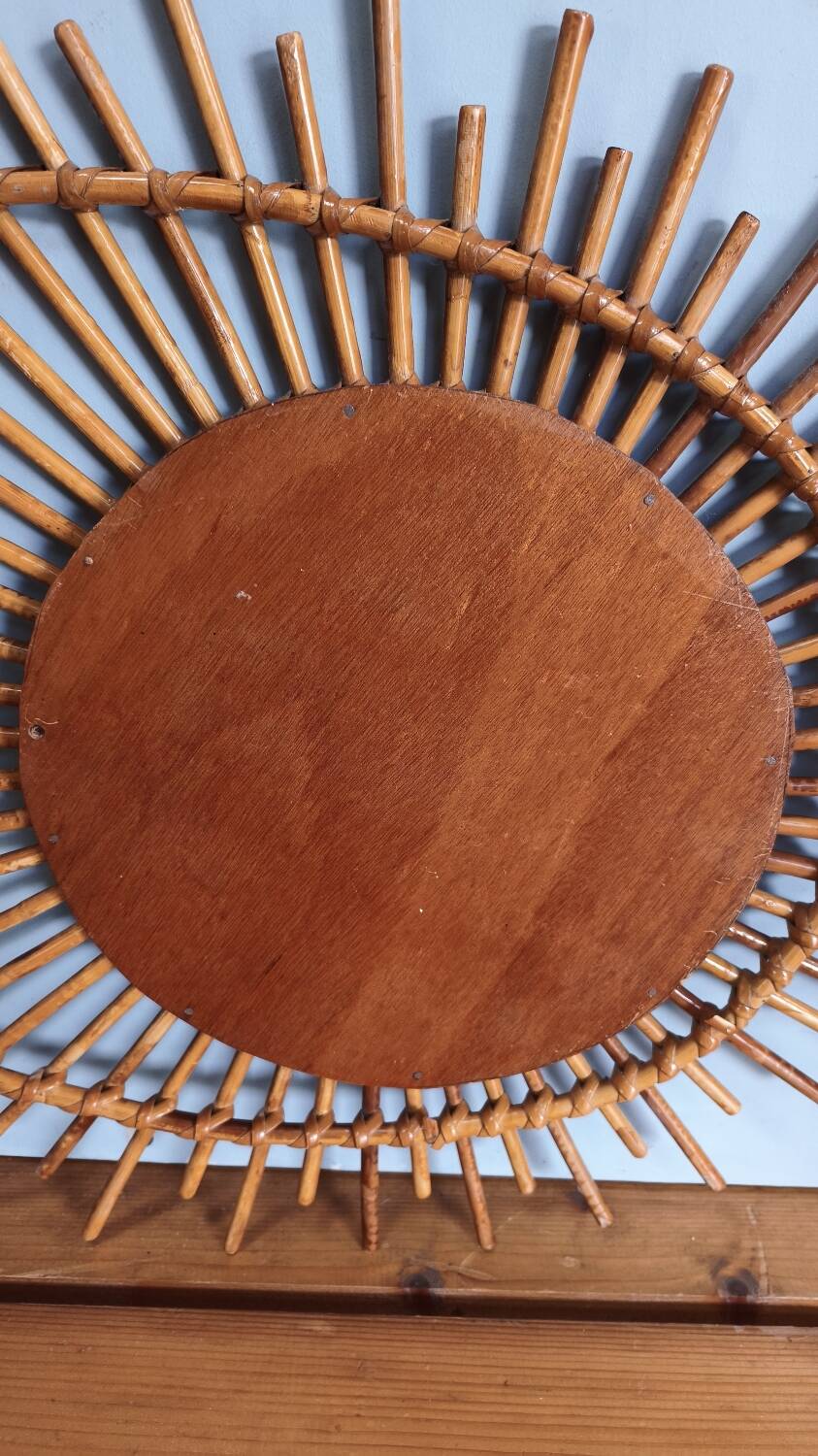 Asymmetrical sun mirror in rattan - vintage 1960s