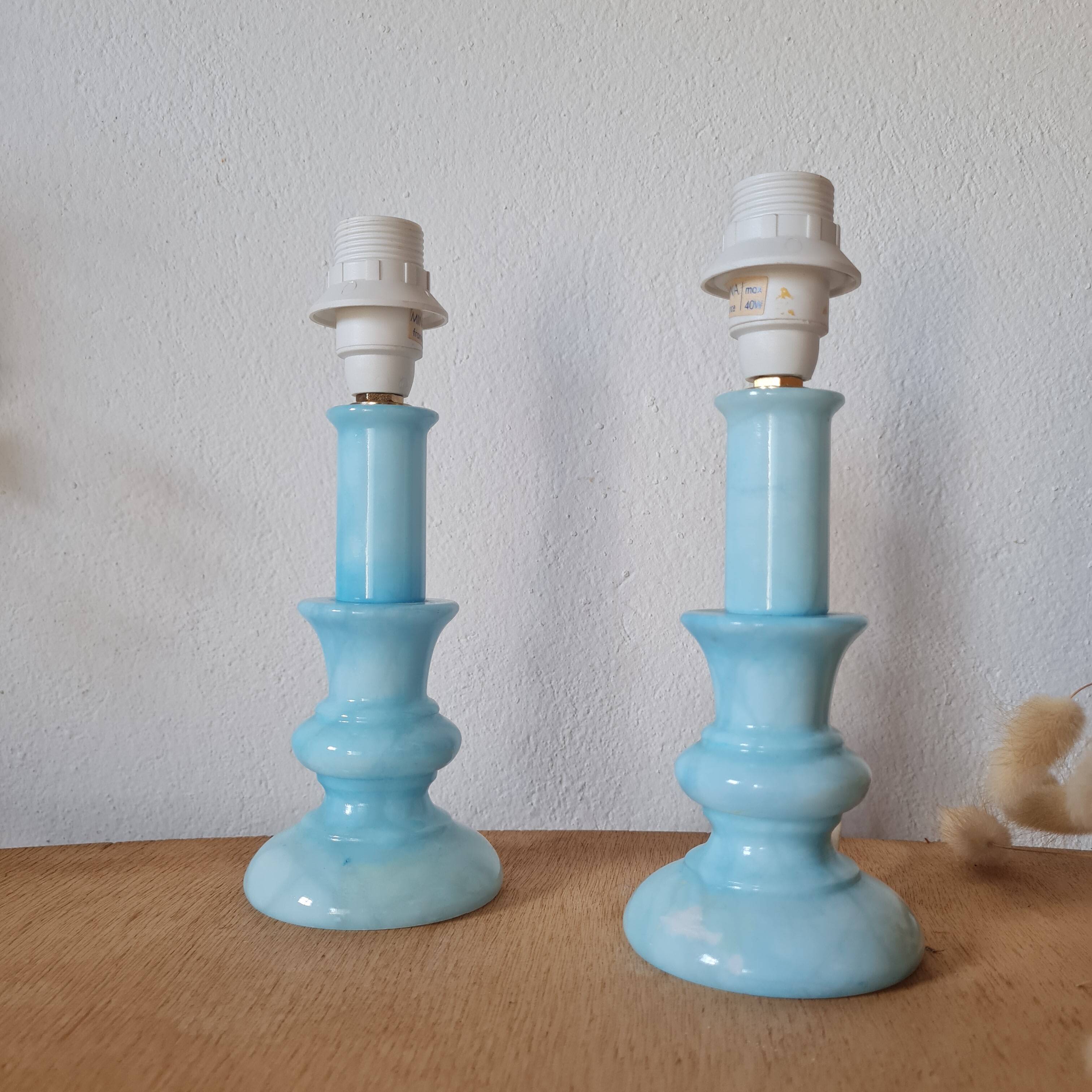 Pair of vintage azure blue alabaster bedside lamps