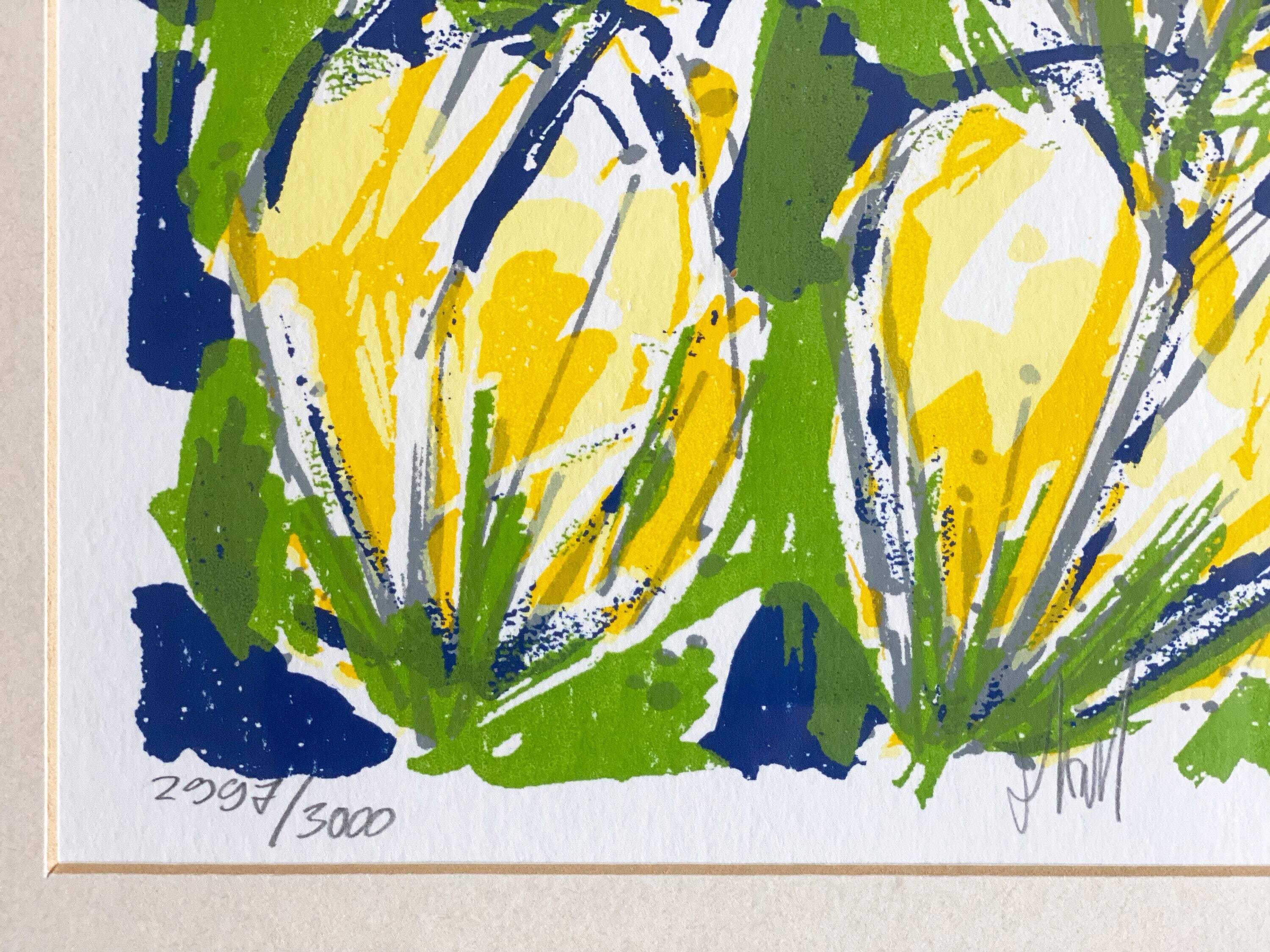 Cheerful silkscreen "yellow tulips" by Ad van Hassel, Dutch art