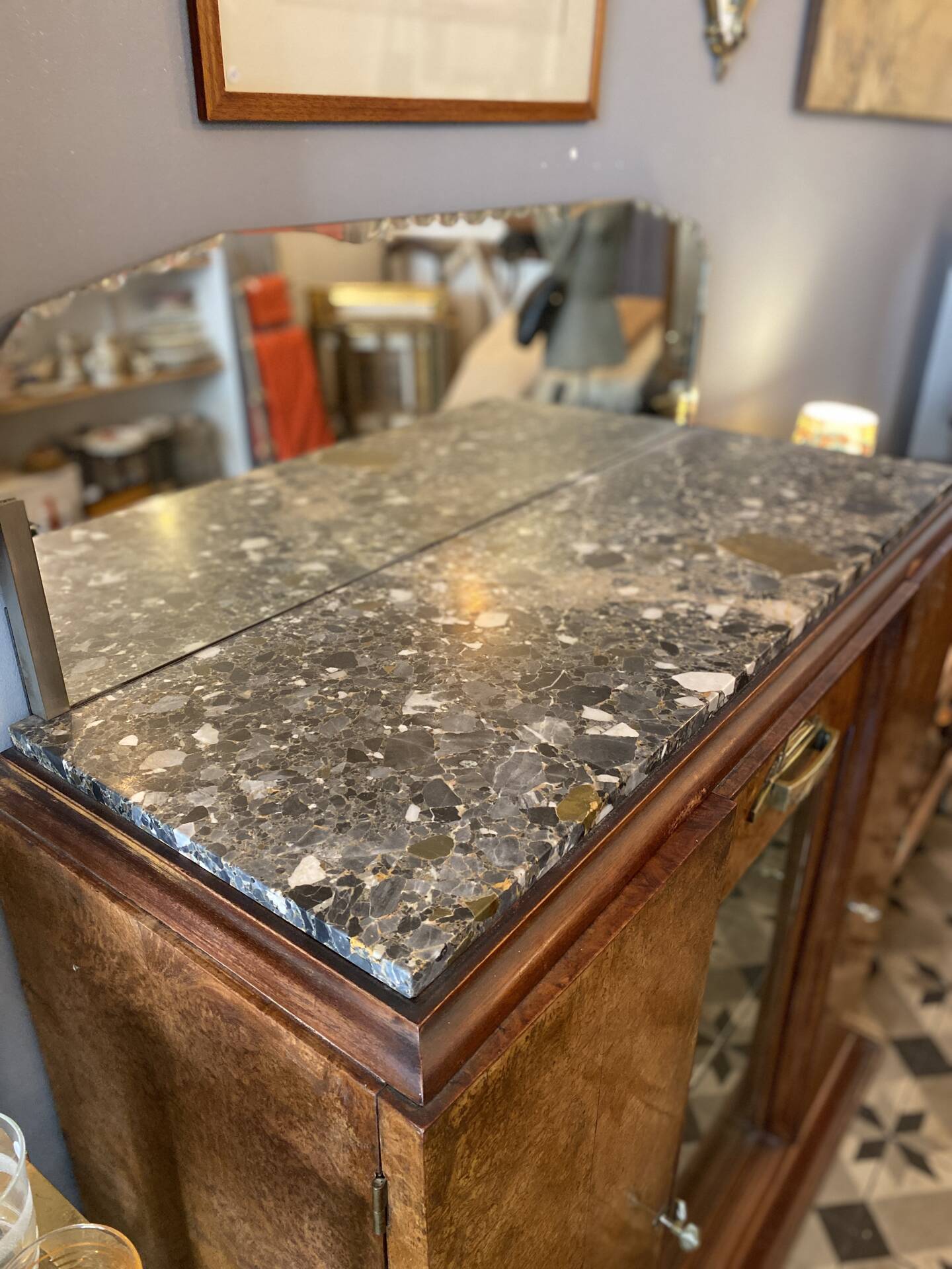Art Deco wooden sideboard with mirror and marble