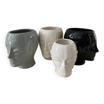 Série de 4 vases vintage tête en céramique années 70-80