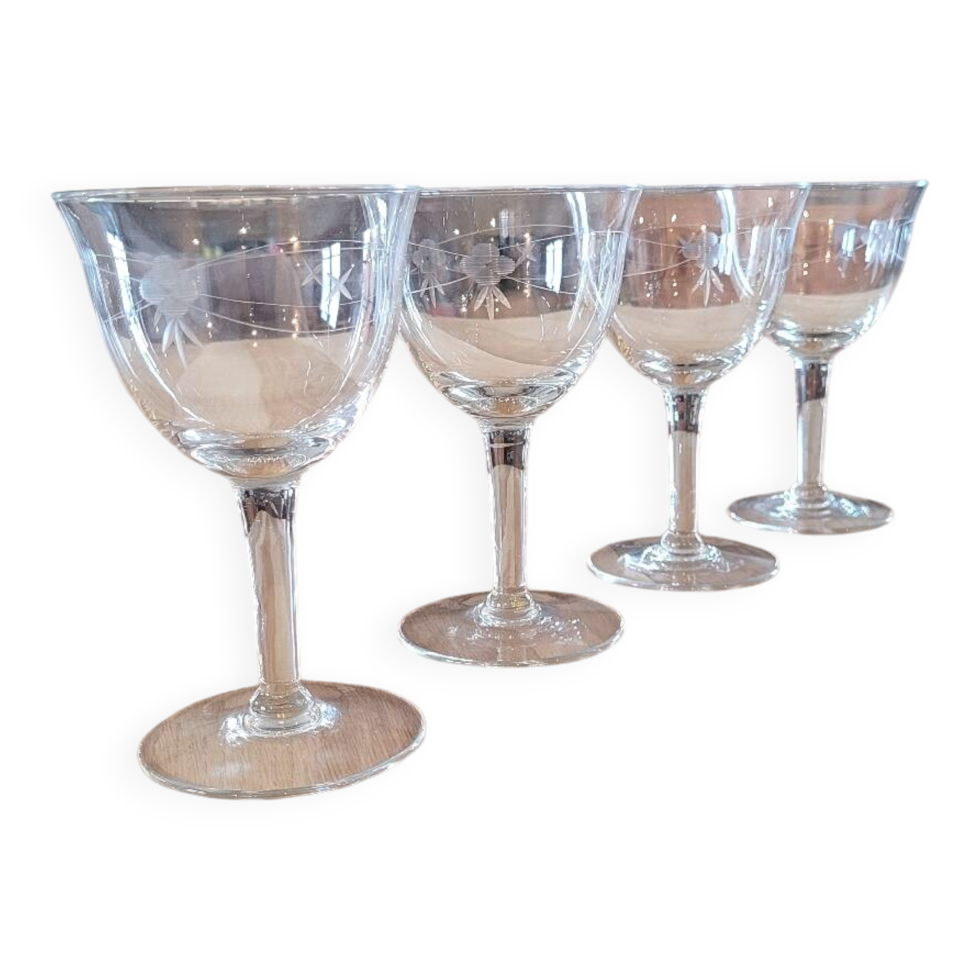 4 antique engraved glass goblets