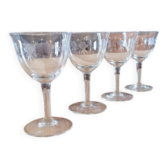 4 antique engraved glass goblets