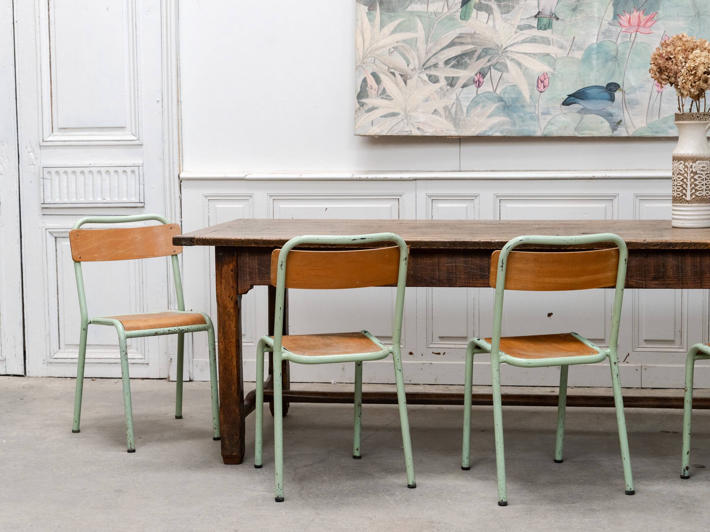Lot de 6 chaises d’école Mobiltube turquoise 1950