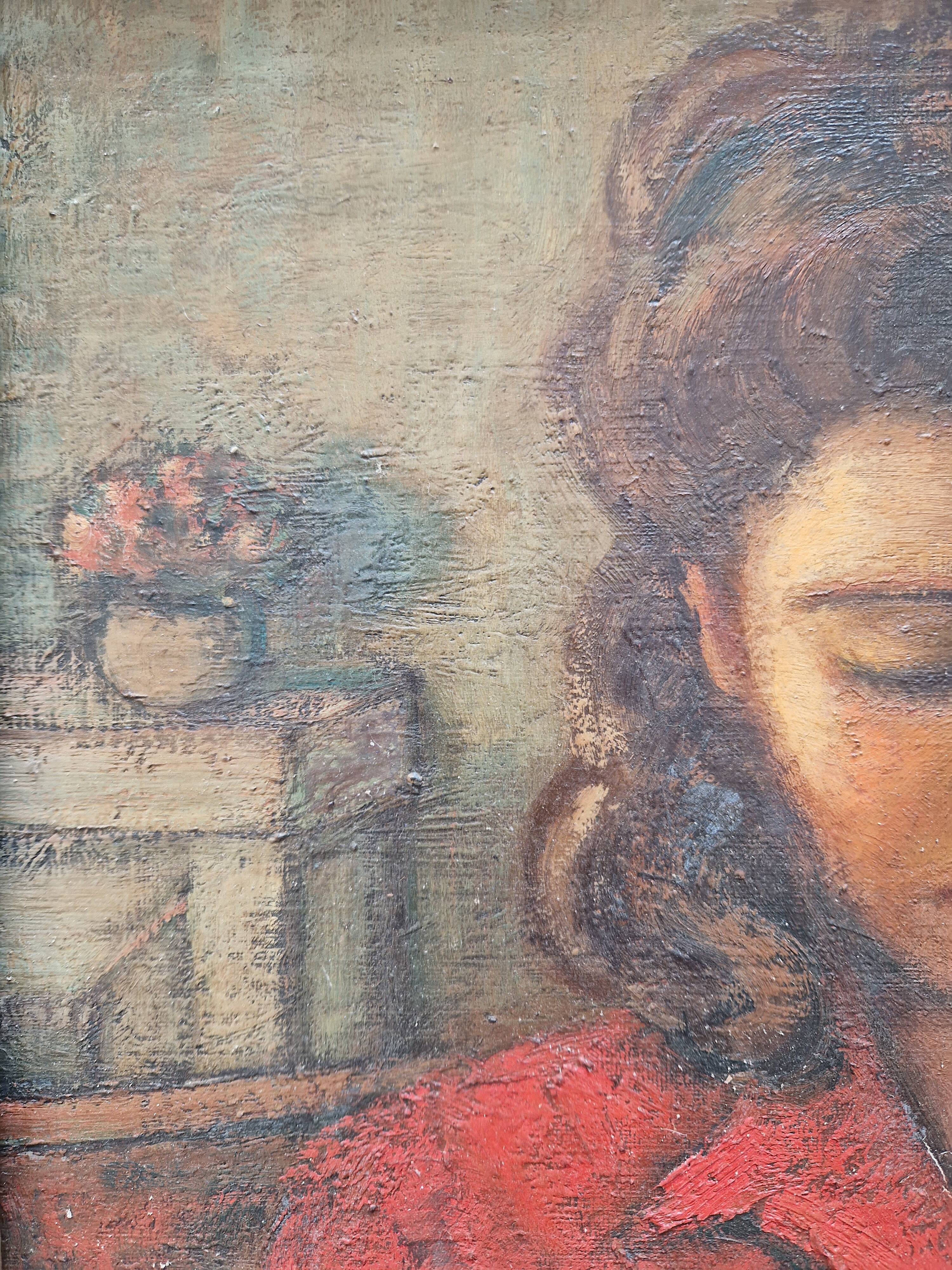 Oil painting, Woman who does sewing