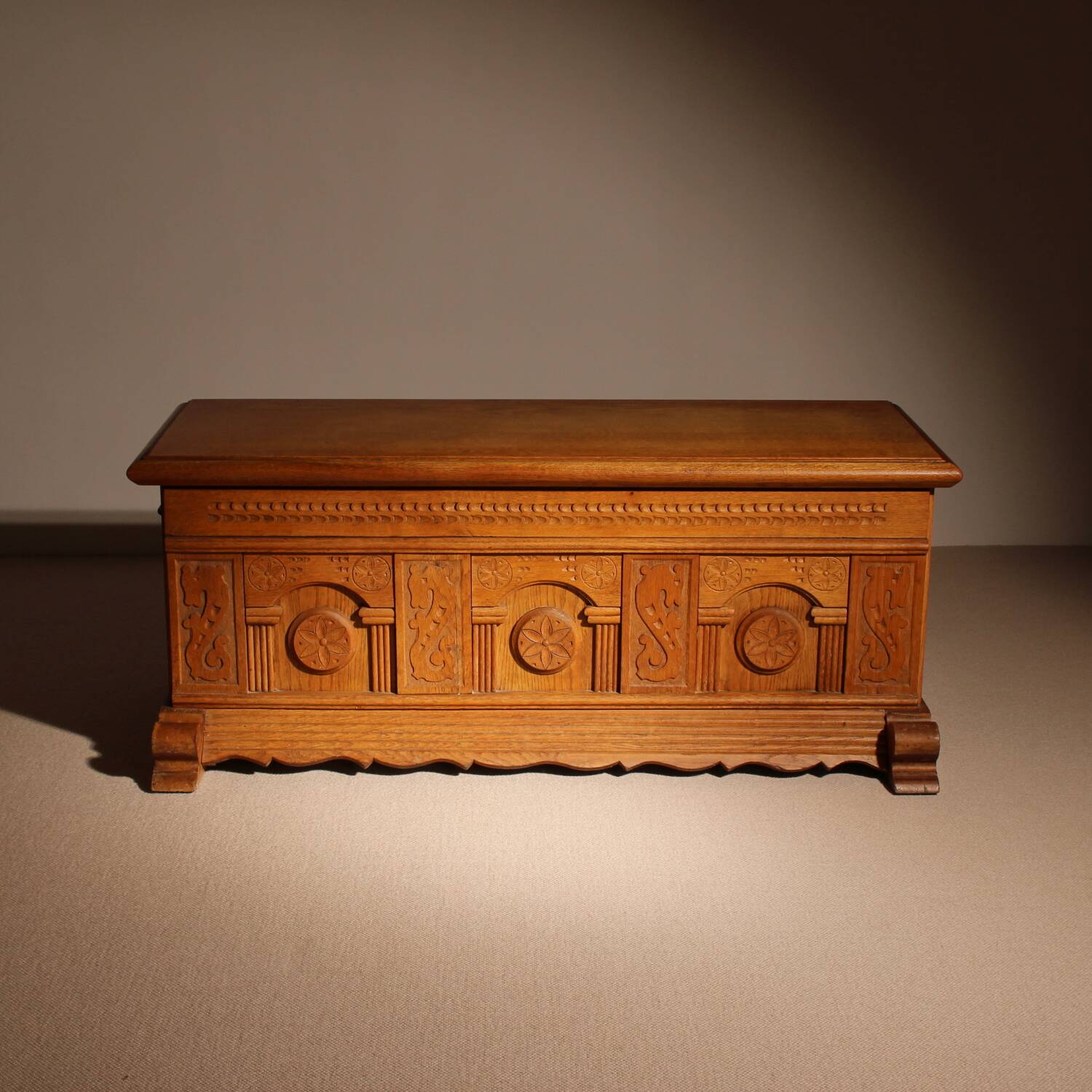Carved Oak Chest with Decorative Front | Germany 1970s