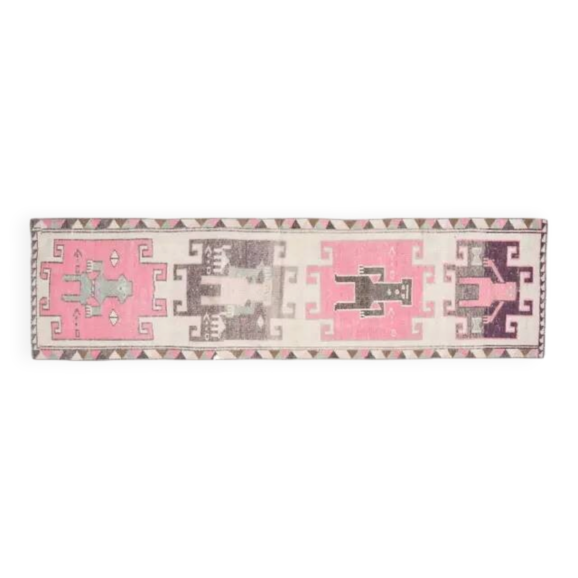 1970s Human Motif Turkish Vintage Oushak Handmade Wool Runner 92x327