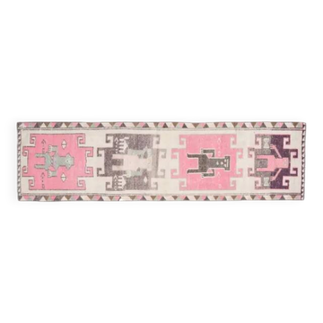 Tapis couloir en laine turc vintage Oushak fait à la main motif humain des années 1970 92x327