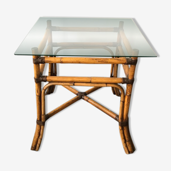 Dining table in rattan and vintage glass 1950