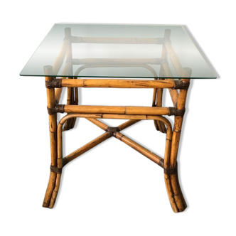 Dining table in rattan and vintage glass 1950