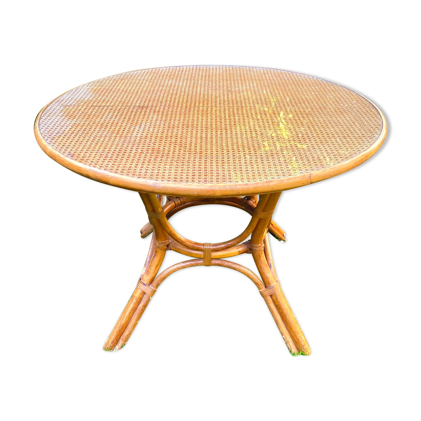 Canned rattan dining table and vintage glass