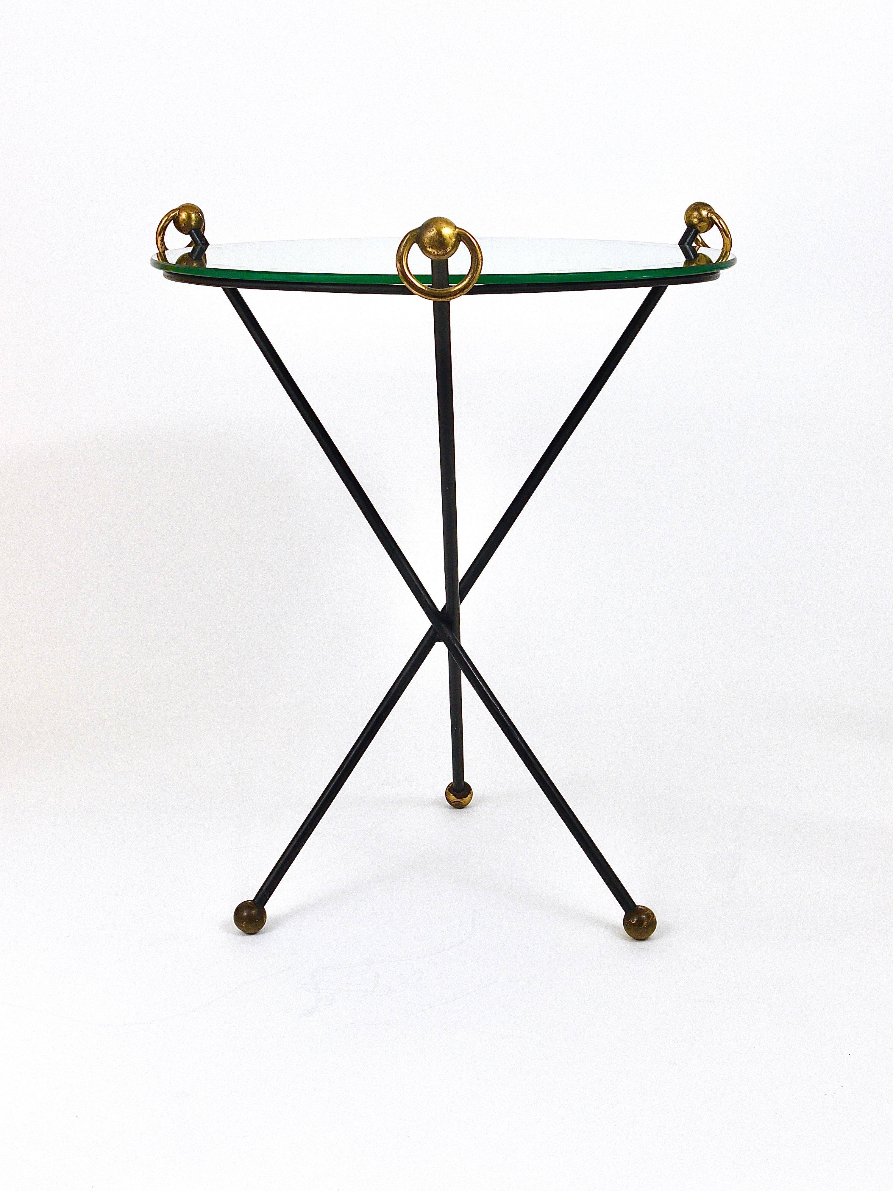 French mid-century mirror side table, Jacques Adnet style, brass, 1950s.