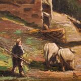 Tableau signé paysage avec berger du 20ème siècle