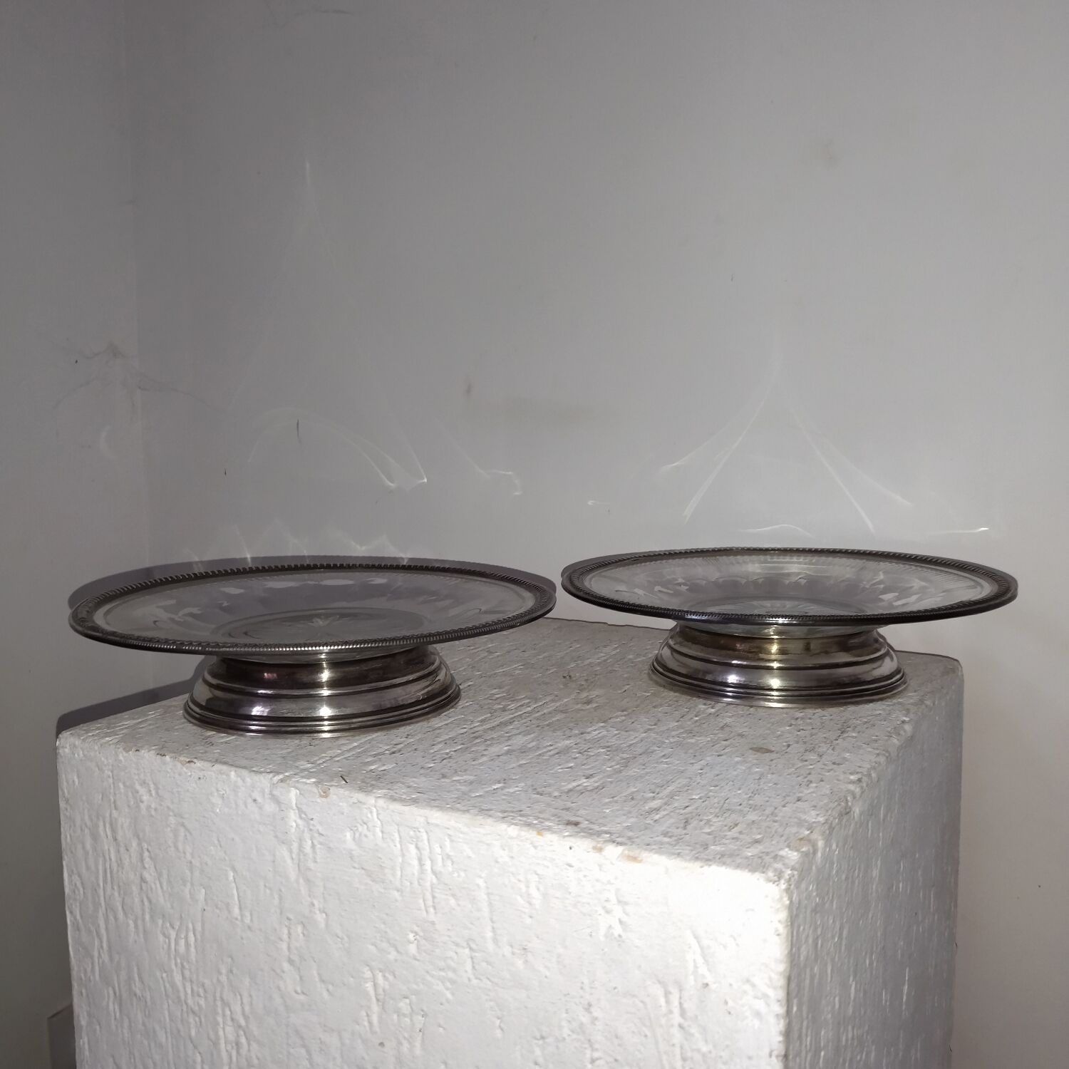 Pair of cutting trays cut glass solid silver
