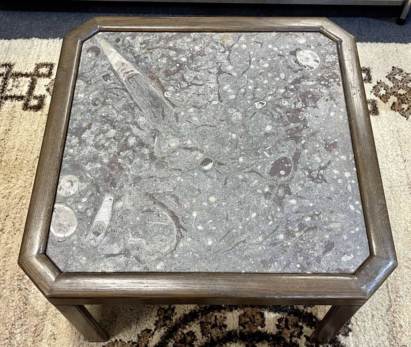 Pair of coffee tables in oak and fossil stone