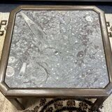 Pair of coffee tables in oak and fossil stone