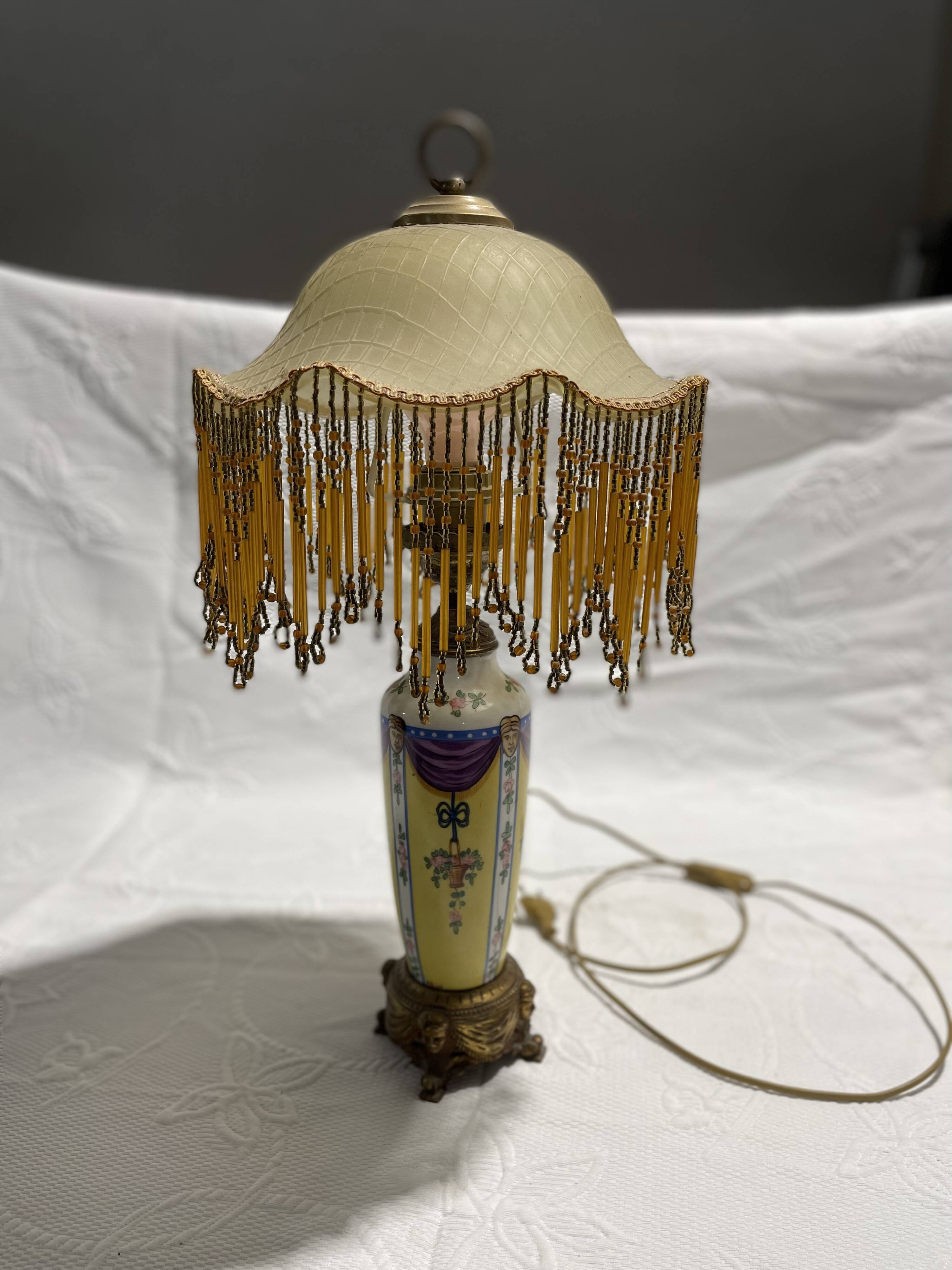 Old lamp with beaded fringed glass shade 40 years