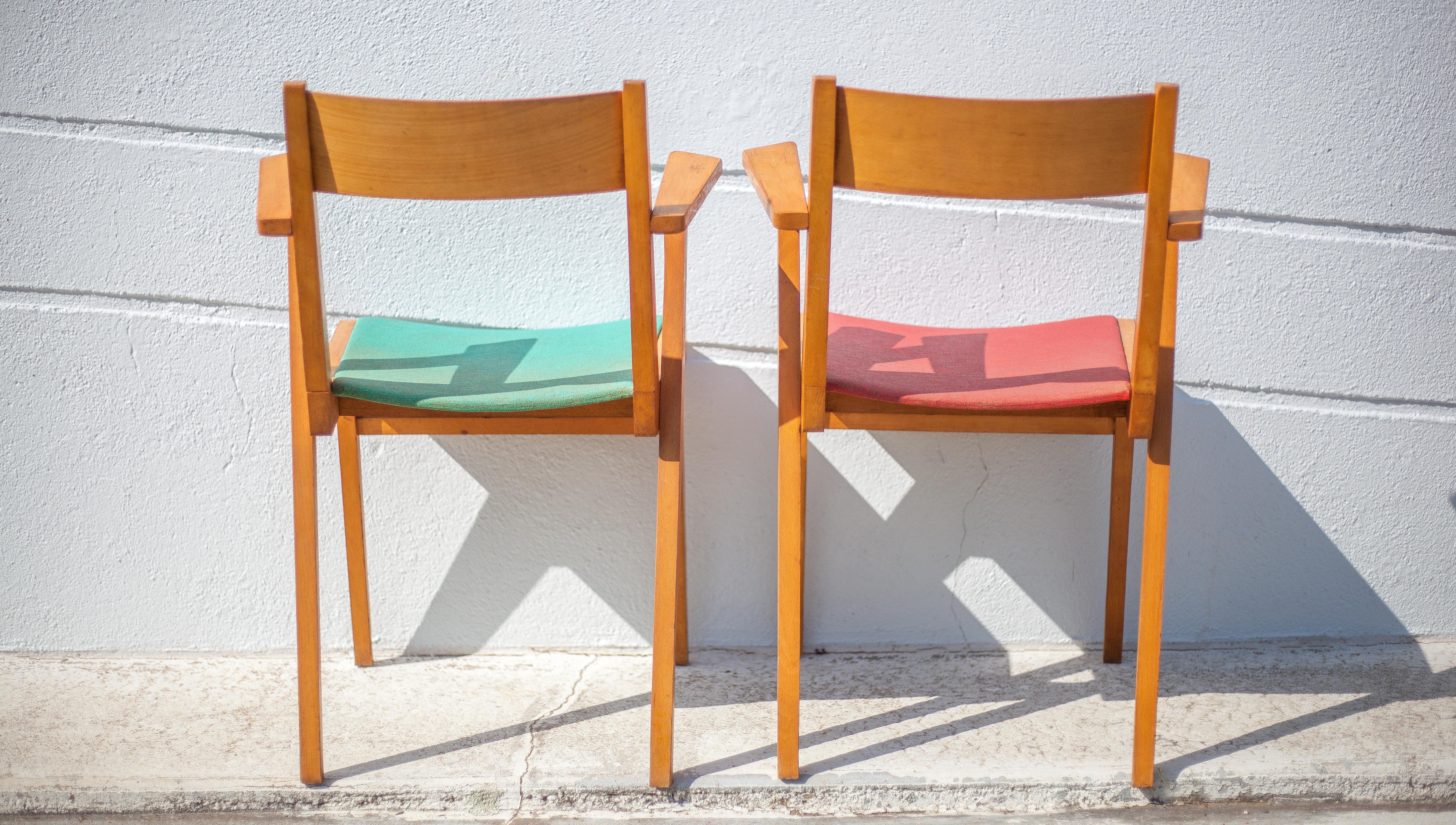 Pair of wooden and skai chairs from the 50s, vintage chairs, chair with armrests, retro