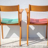 Pair of wooden and skai chairs from the 50s, vintage chairs, chair with armrests, retro