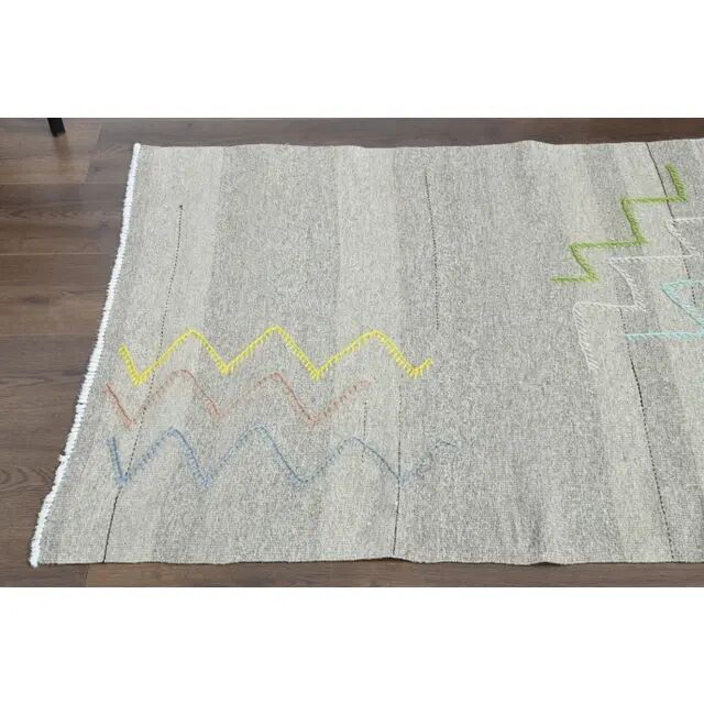 1970s Vintage Turkish Oushak Handmade Wool Cotton Gray Runner Rug 90x341