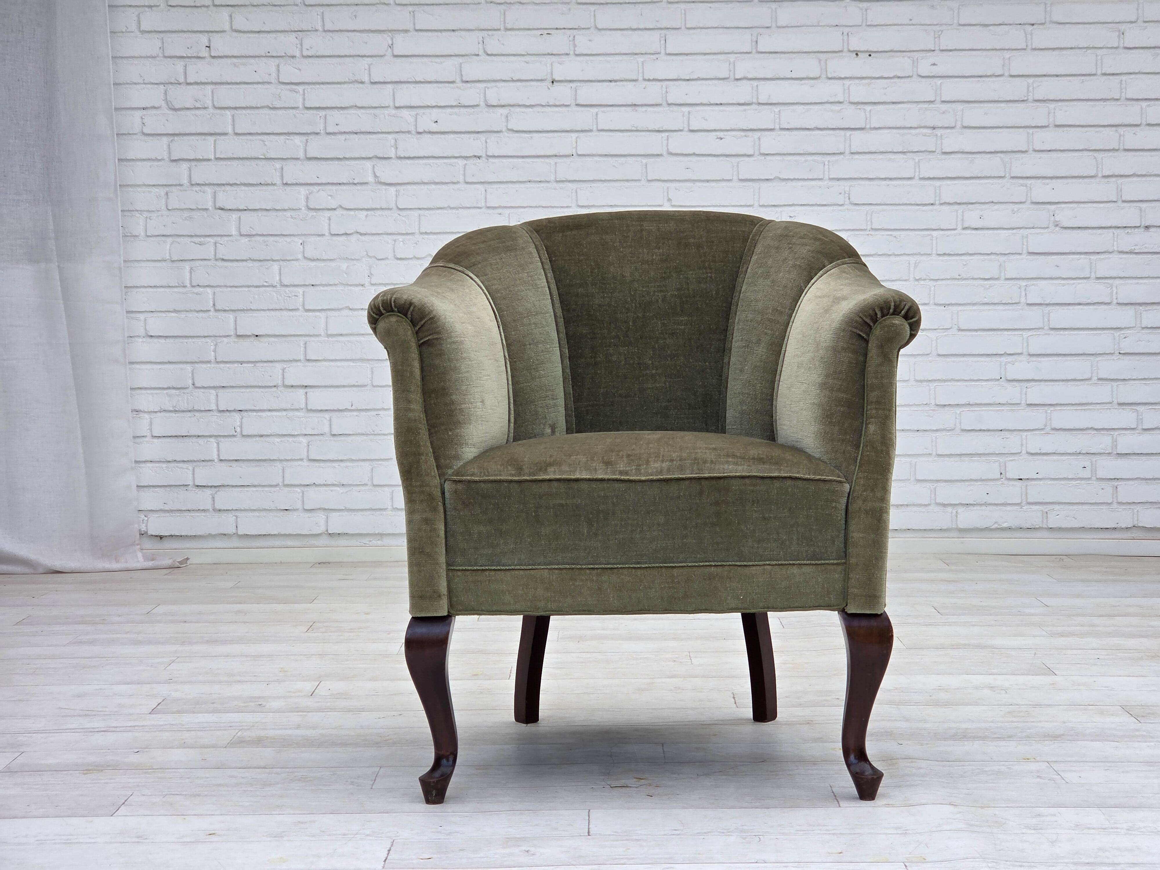 1960s, Danish armchair, green furniture velour, beech wood legs.