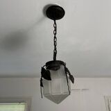 Antique glass and wrought iron pendant light with ivy decor Art Deco chandelier globe