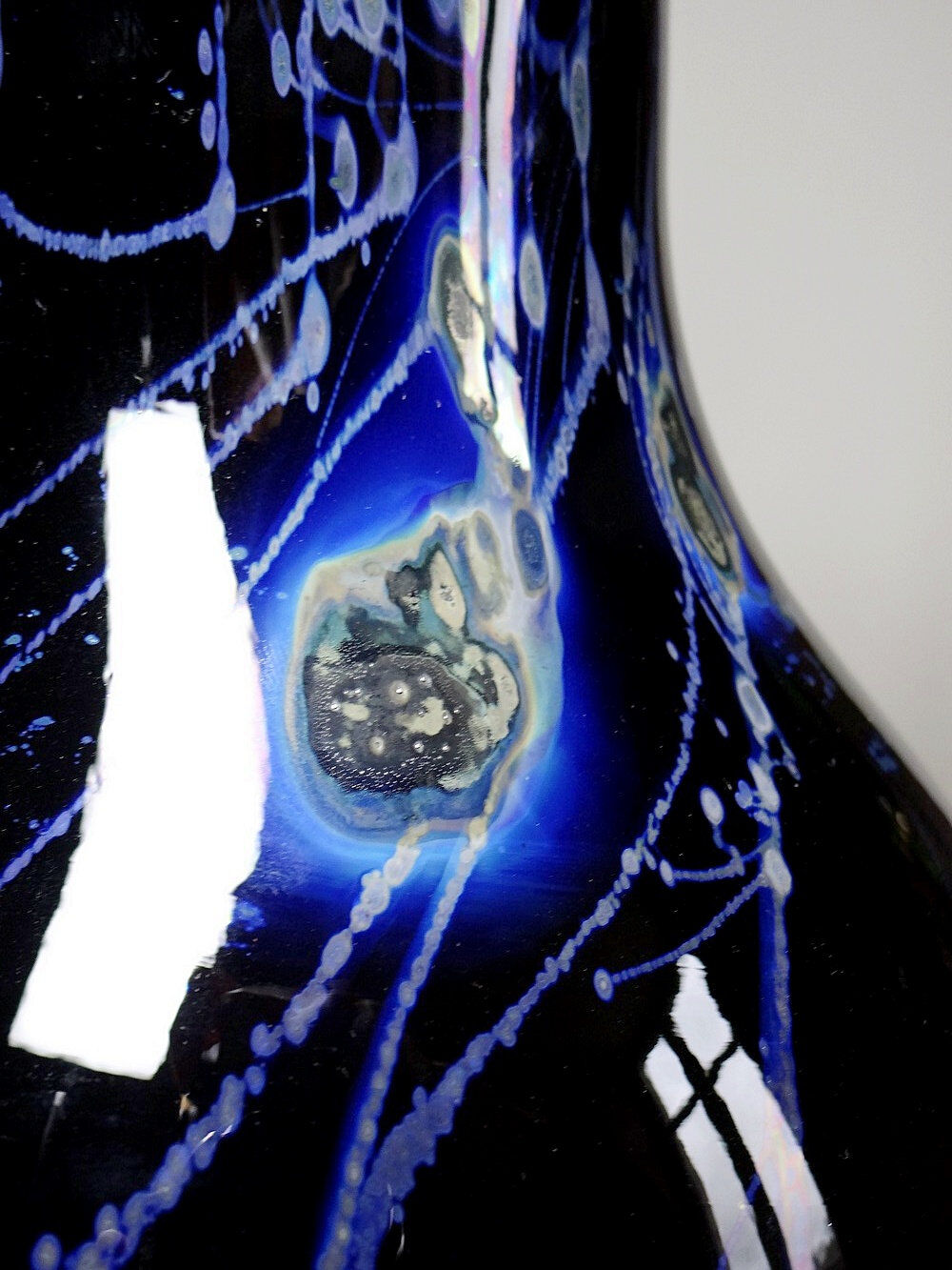 Large vintage purple art glass vase with silver glitter inclusions.