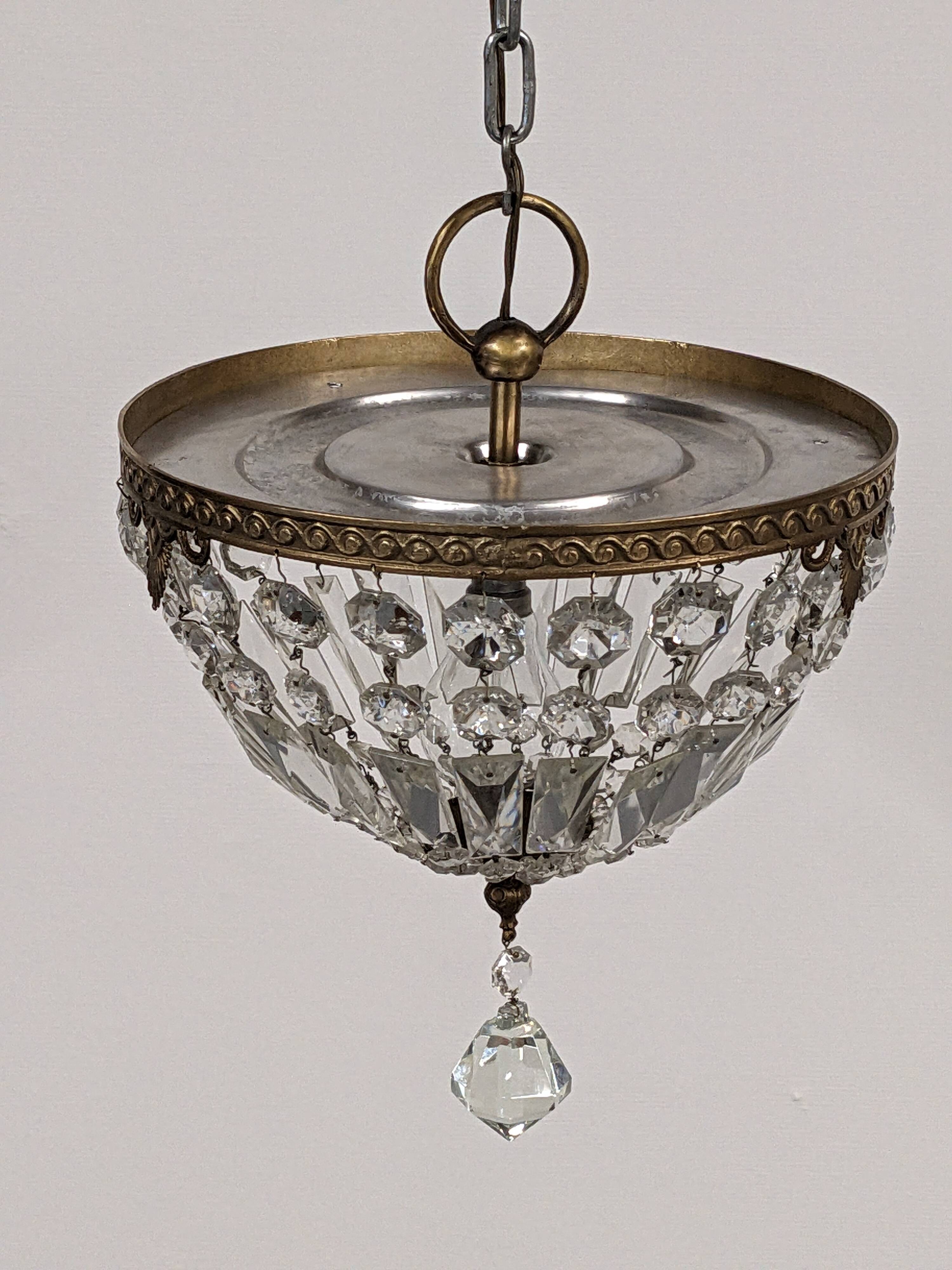 Louis XVI style bronze ceiling light and glass pendants