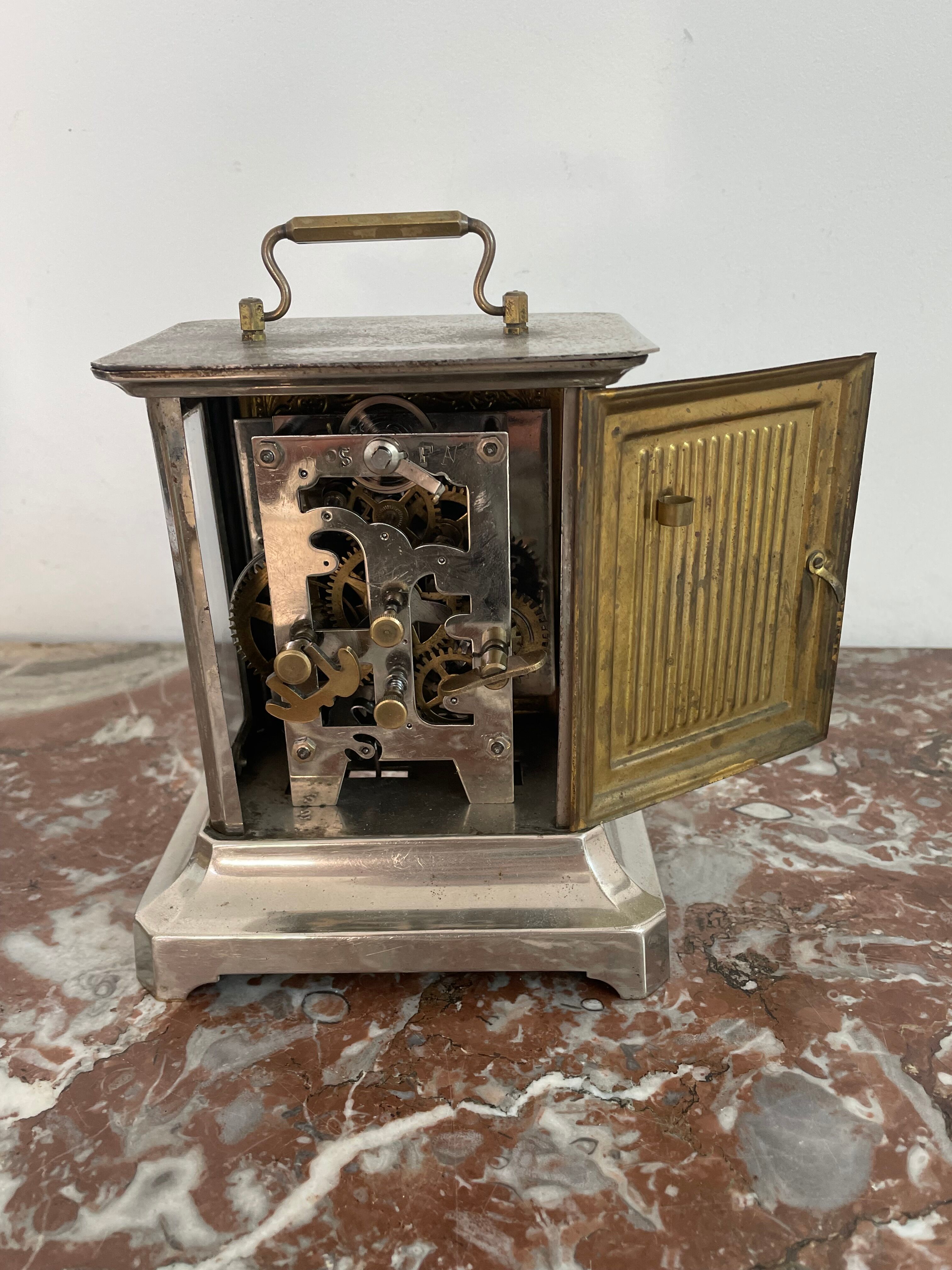 Horloge, pendule d'officier, laiton, pendule voyage, réveil, cadran, vitres latérales, restaurée
