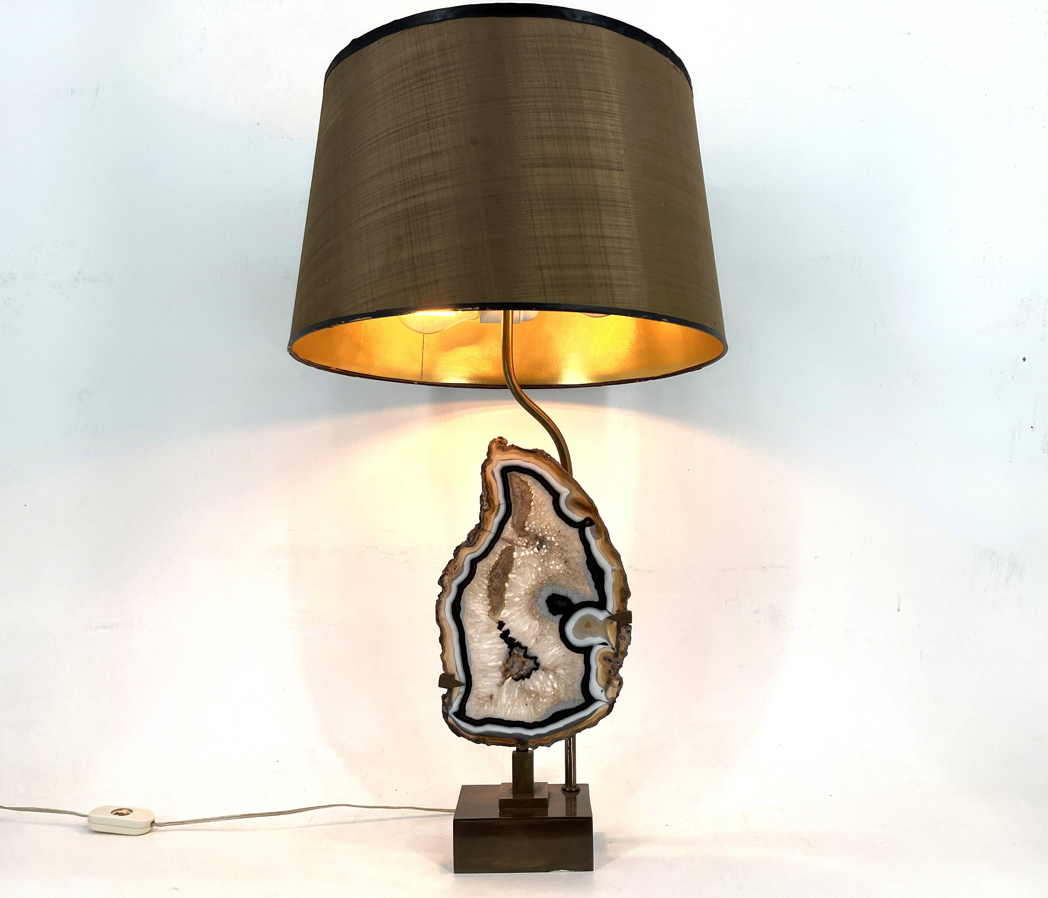 Lampe de table vintage en tranches d'agate en laiton, années 1970