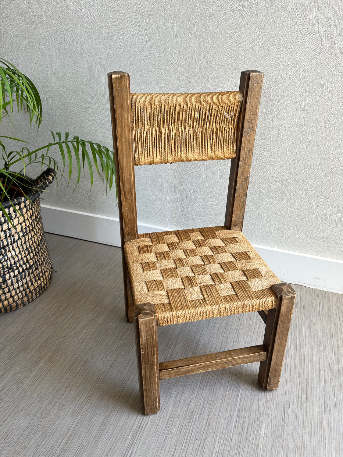 Vintage children's chair wood and rope by Audoux and Minet