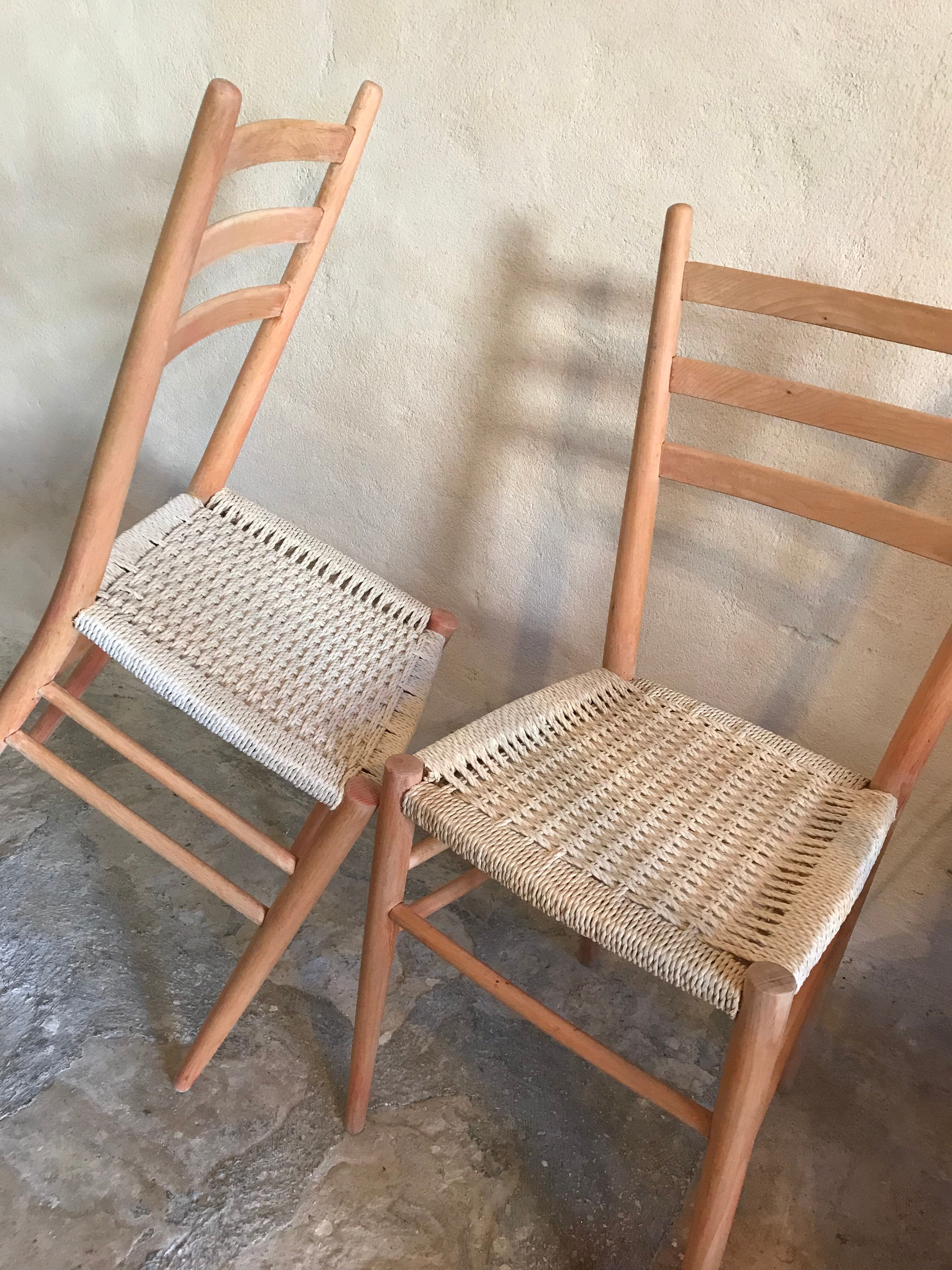 Pair of vintage chairs 1960-80's in beech braided rope