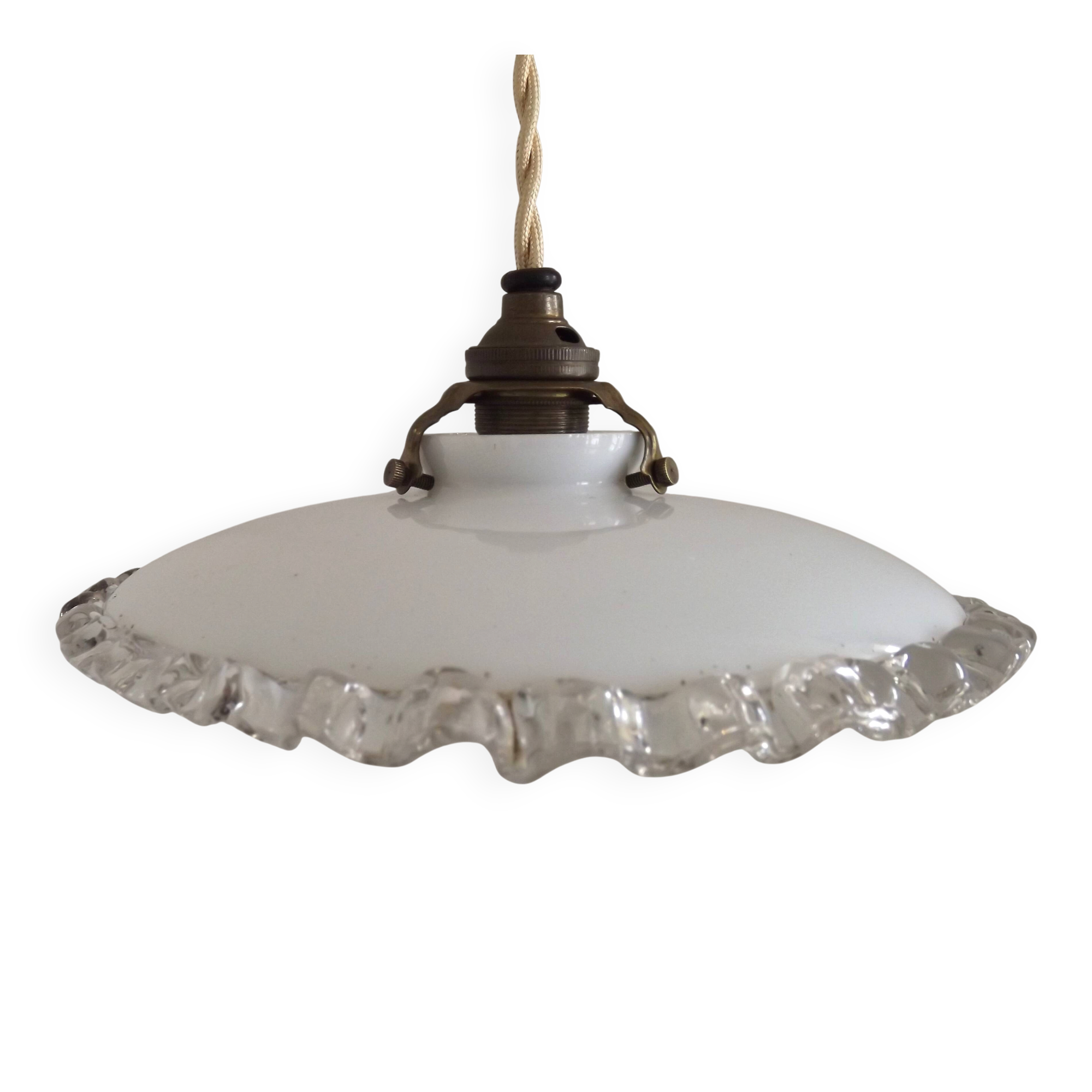 Vintage French Art Deco Opaline Glass Pendant Light Clear Frilled Edge