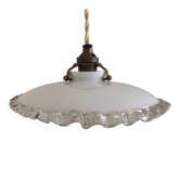 Vintage French Art Deco Opaline Glass Pendant Light Clear Frilled Edge