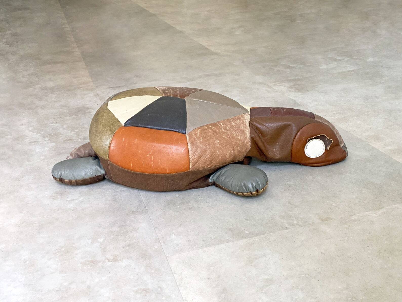 Large vintage leather patchwork turtle cushion / poof, stuffed leather animal, 1970s