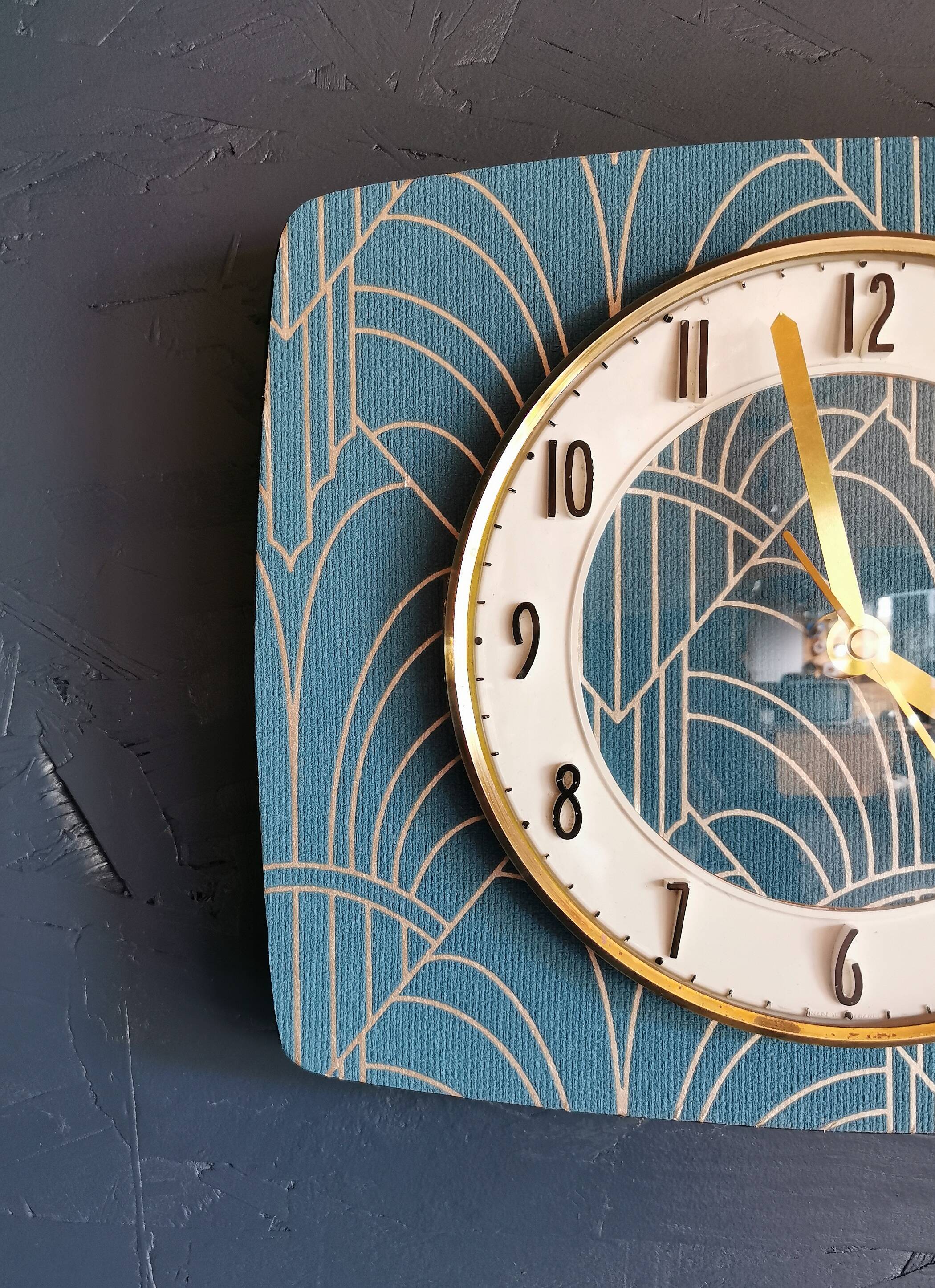 Vintage thermometer clock rectangular silent wall pendulum "Golden blue"