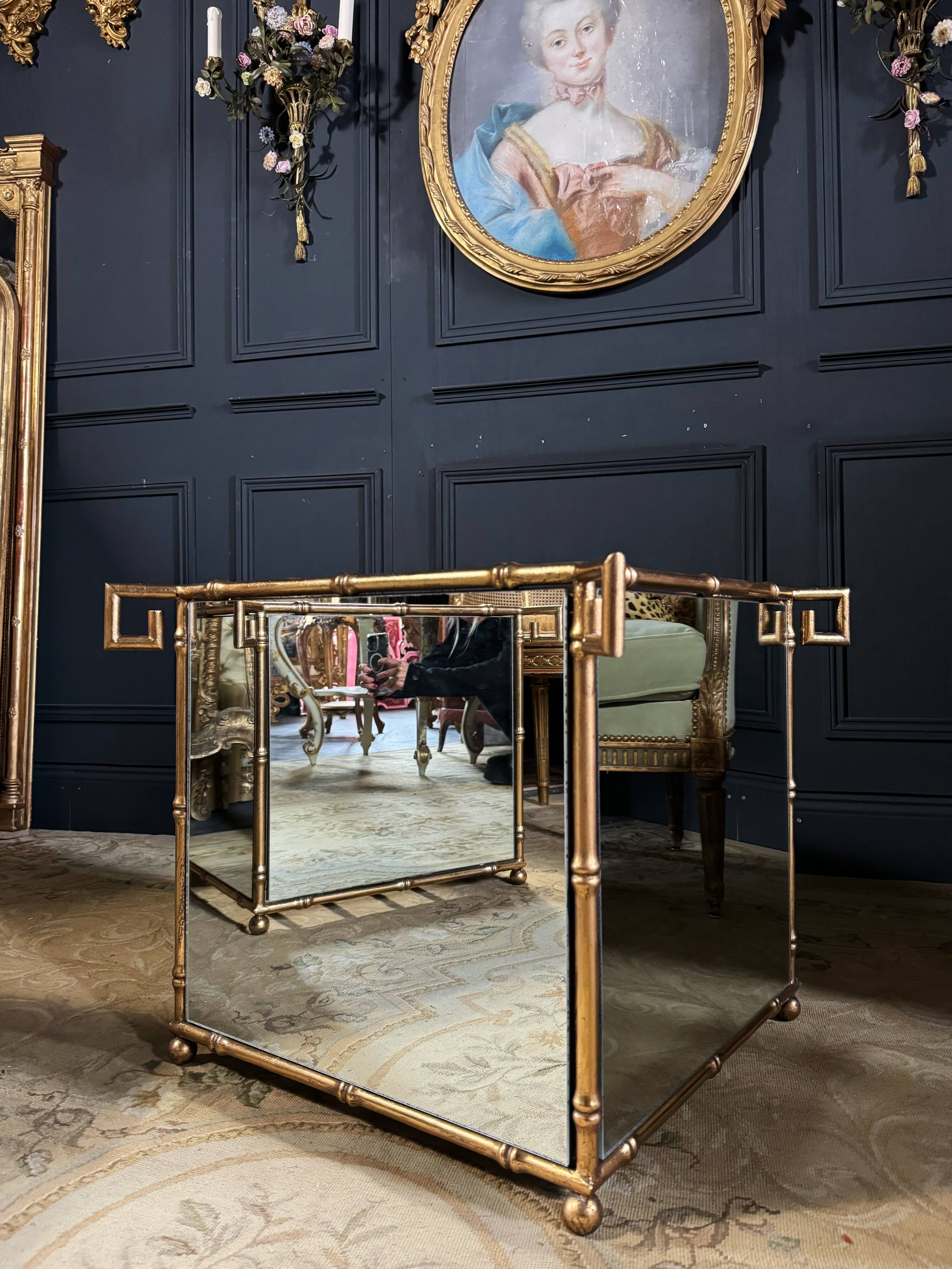 Pair of "bamboo" model planters in gold metal and glass from the 70s
