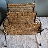 Small antique piece of furniture from the 1960s made of rattan and wrought iron in the shape of a lyre.
