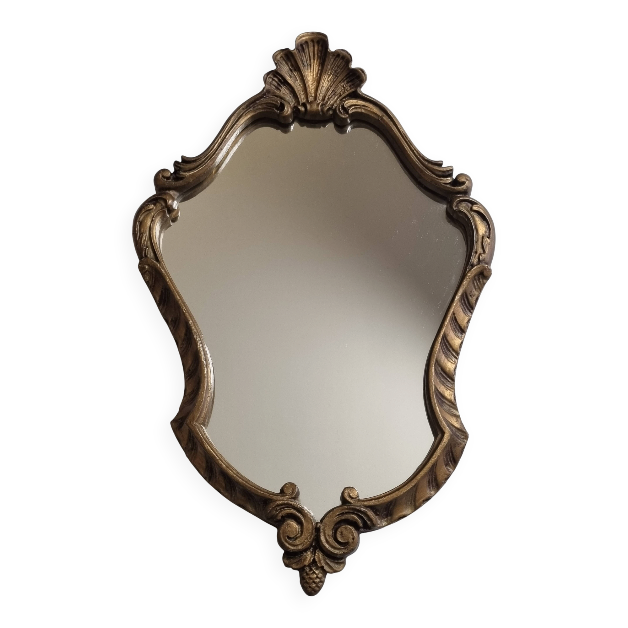 Antique rococo mirror in patinated gilded wood with shell decoration 49 x 31 cm
