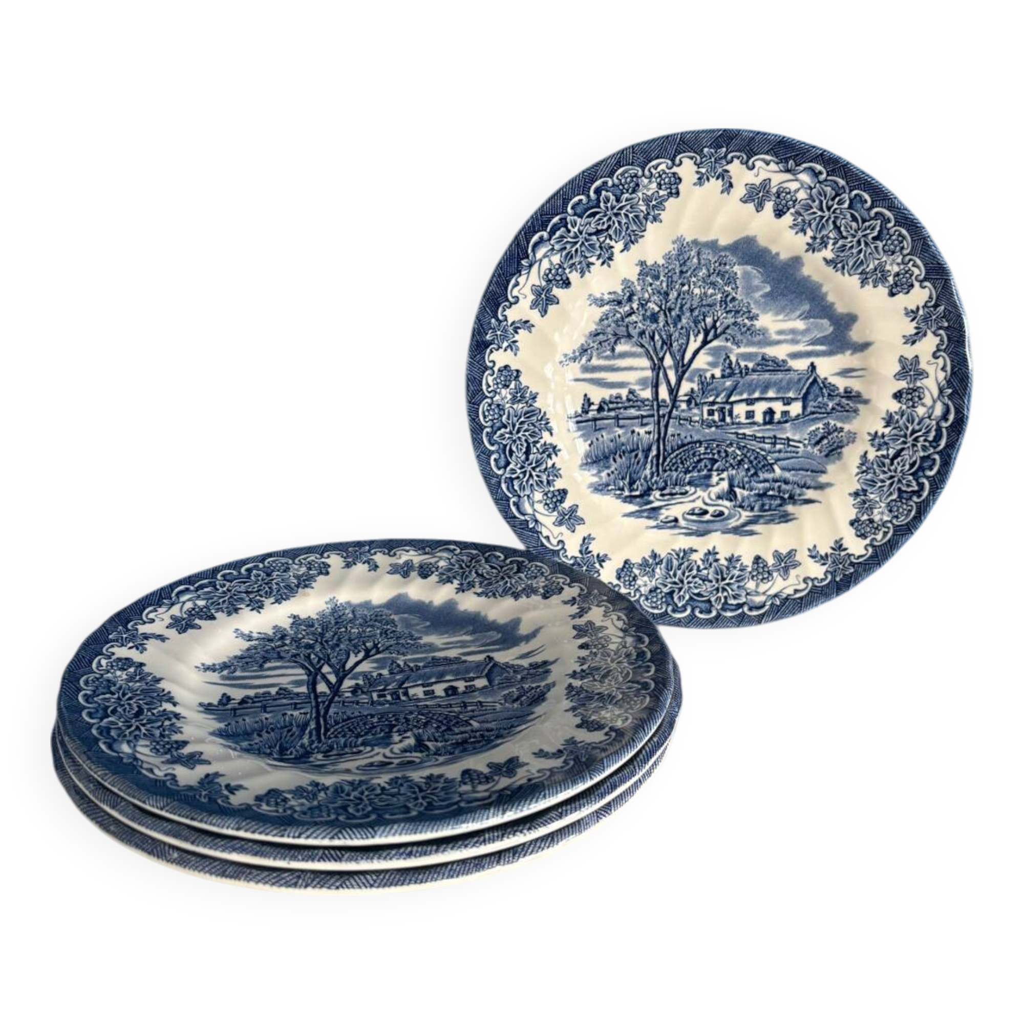Set of 4 vintage English porcelain dessert plates, blue, cha decor