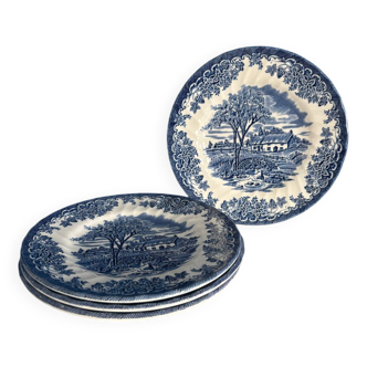 Service de 4 assiettes à dessert vintage porcelaine anglaise bleu décor cha