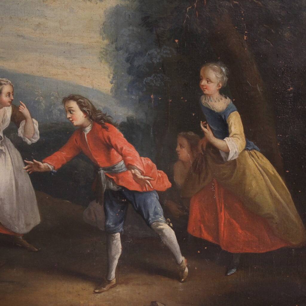 Antique French painting of children playing from the 18th century