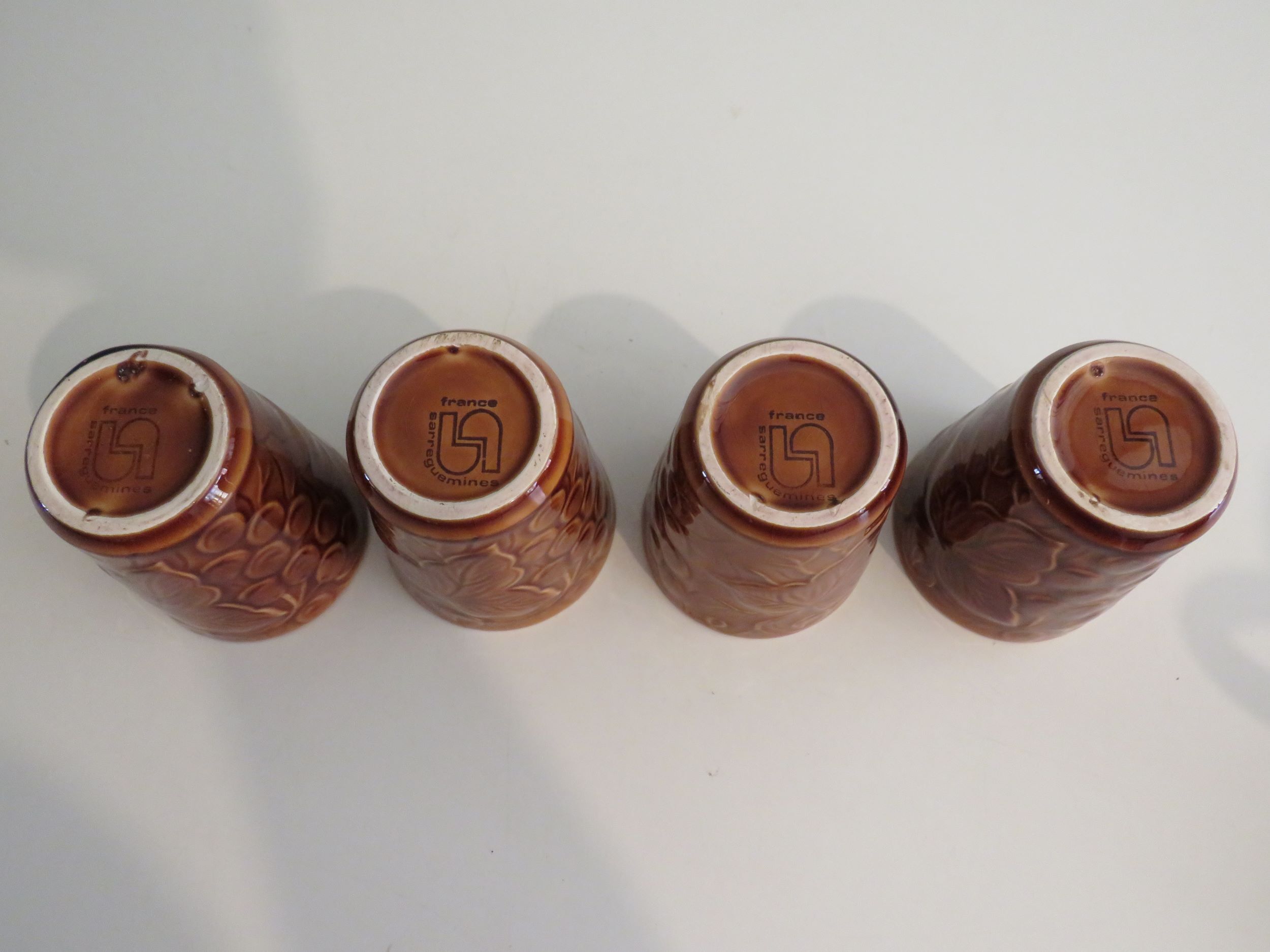 Sarreguemines pitcher and goblets, France 1970s