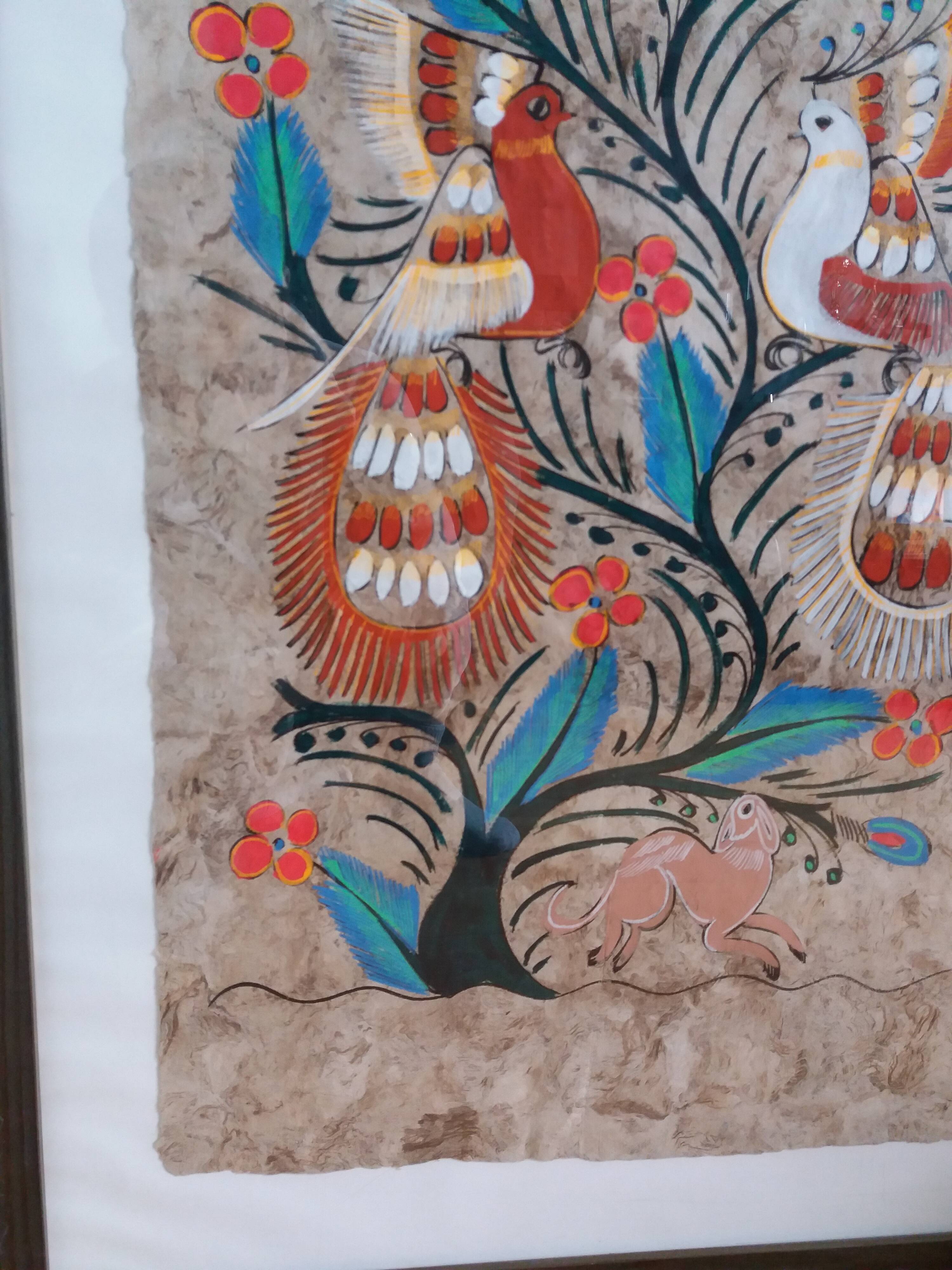 Painting on amate from Mexico, birds and flowers, framed