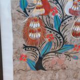 Painting on amate from Mexico, birds and flowers, framed