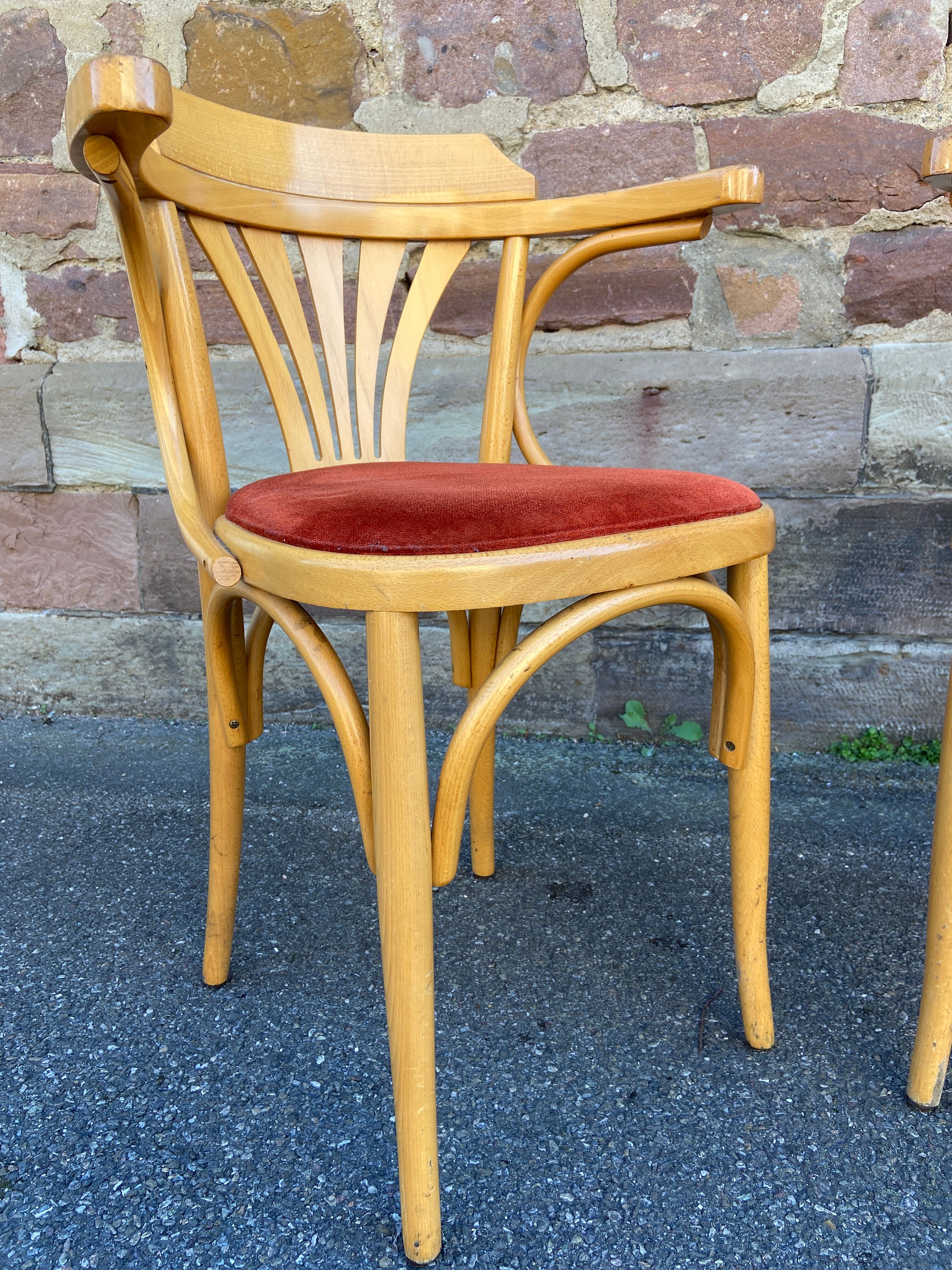 Pair of vintage 80s thonet Baumann style curved wood restaurant armchairs