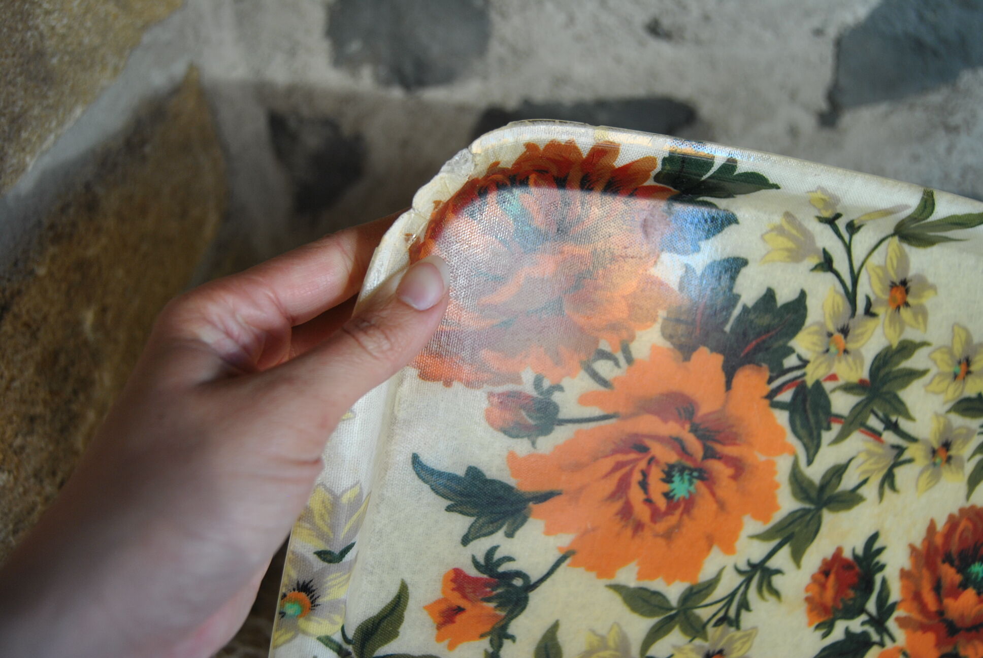 Orange fiberglass flower patterned top 70s