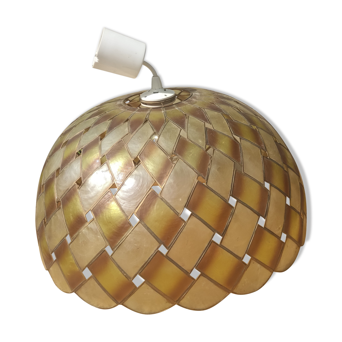 Large vintage pendant lamp in mother-of-pearl and brass